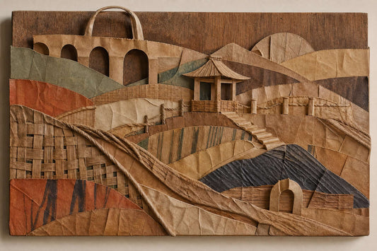 Layered recycled-art landscape made from discarded paper grocery bags