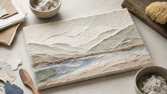 A handmade textured wall relief artwork made from recycled paper pulp in a sustainable art studio.
