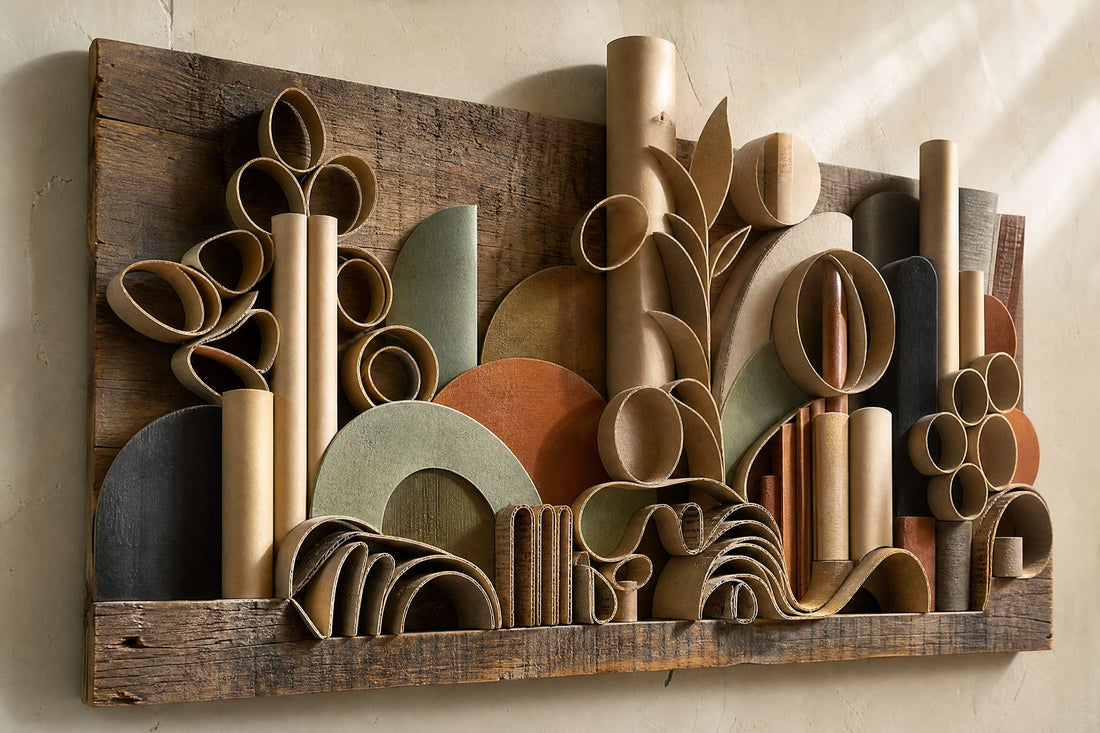 Sculptural recycled-art relief made from discarded paper towel tubes