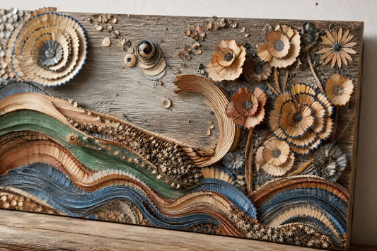 Recycled-art relief made from discarded pencil shavings