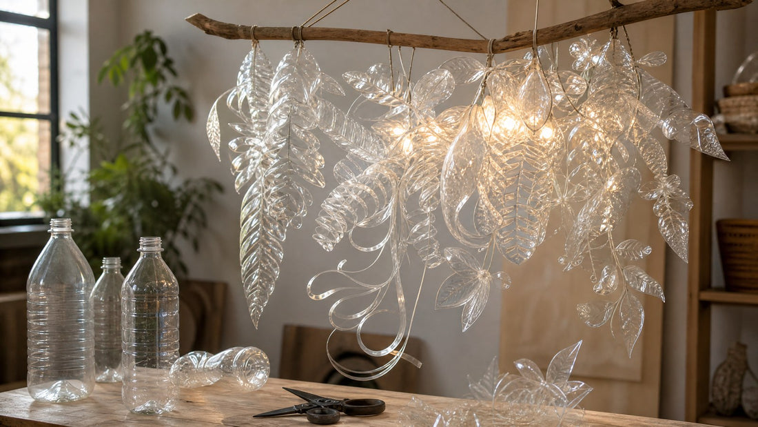 Recycled plastic bottle pieces transformed into a translucent hanging light sculpture in an artist studio