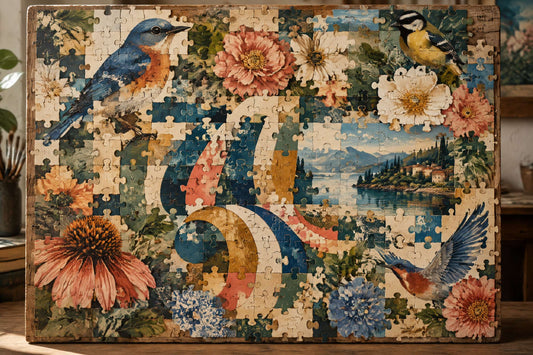 Recycled art mosaic made from incomplete jigsaw puzzle pieces