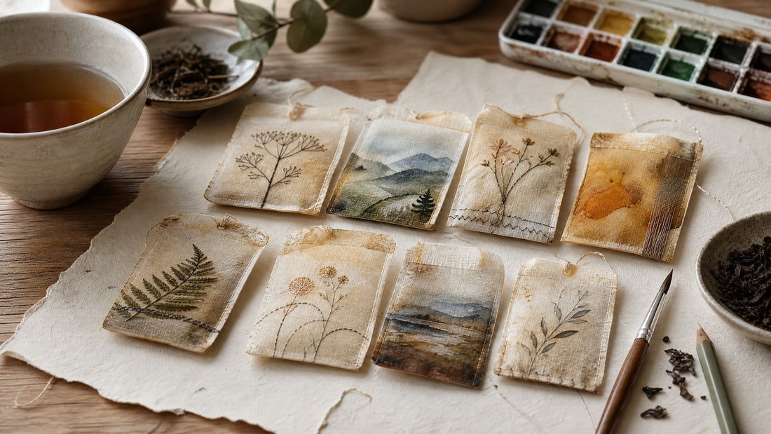 Miniature recycled artworks painted on flattened used tea bags beside tea and watercolor tools