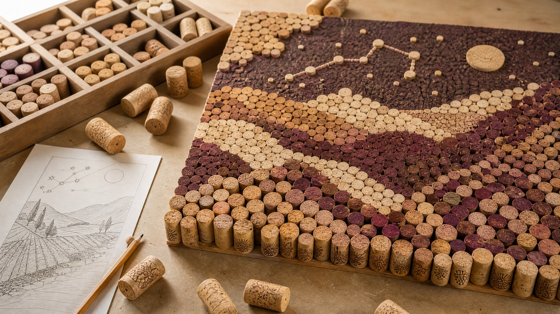 Recycled wine corks arranged into a tonal mosaic wall art panel on a studio table