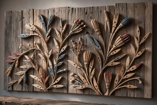 Botanical recycled-art relief made from reclaimed wooden clothes pegs