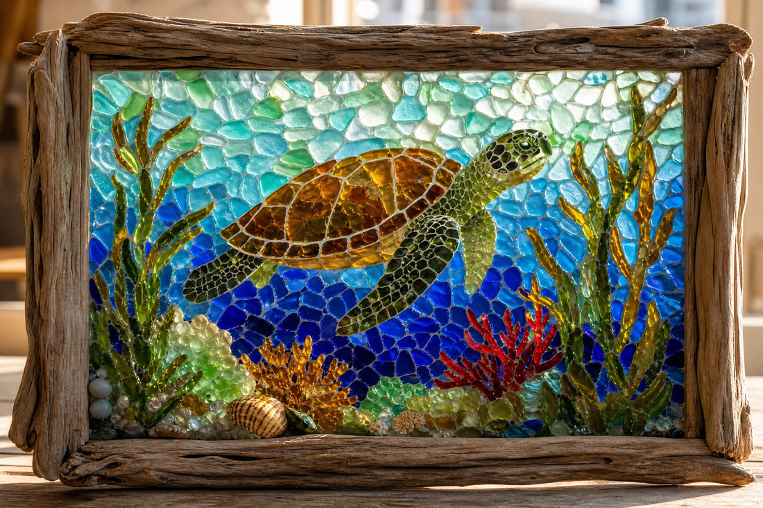 Sea glass mosaic of a sea turtle in a driftwood frame