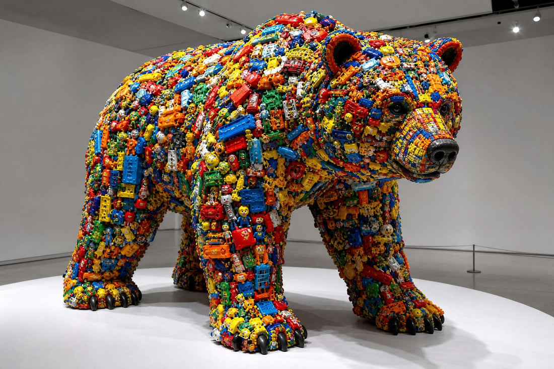 Bear sculpture made from upcycled colorful plastic toys
