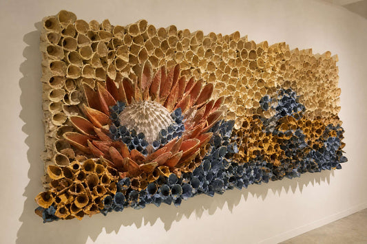 Upcycled egg carton flower and relief sculpture