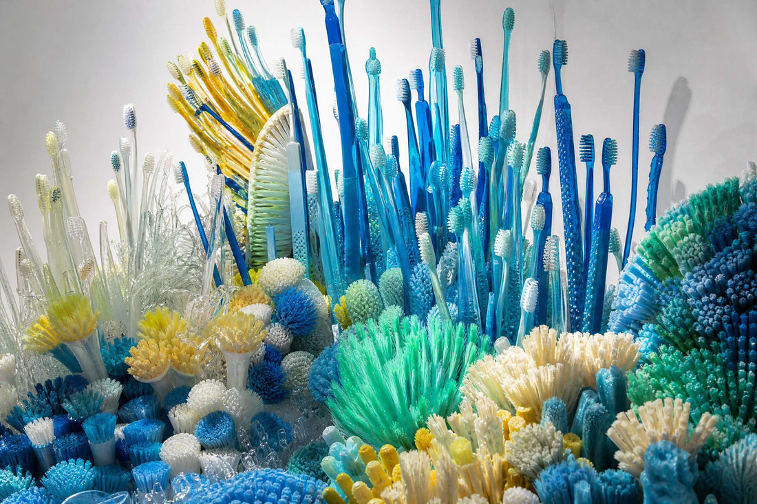 Colourful coral-reef-like sculpture made from upcycled toothbrushes
