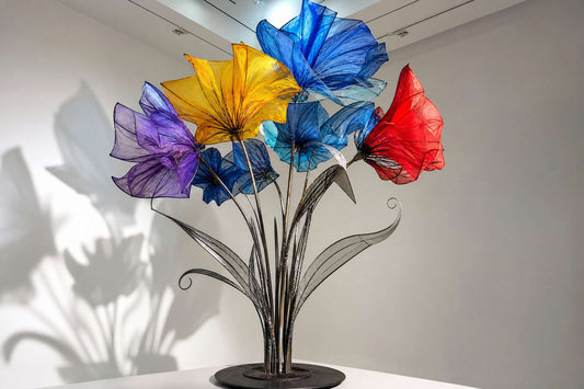 Luminous flower sculpture made from discarded umbrellas