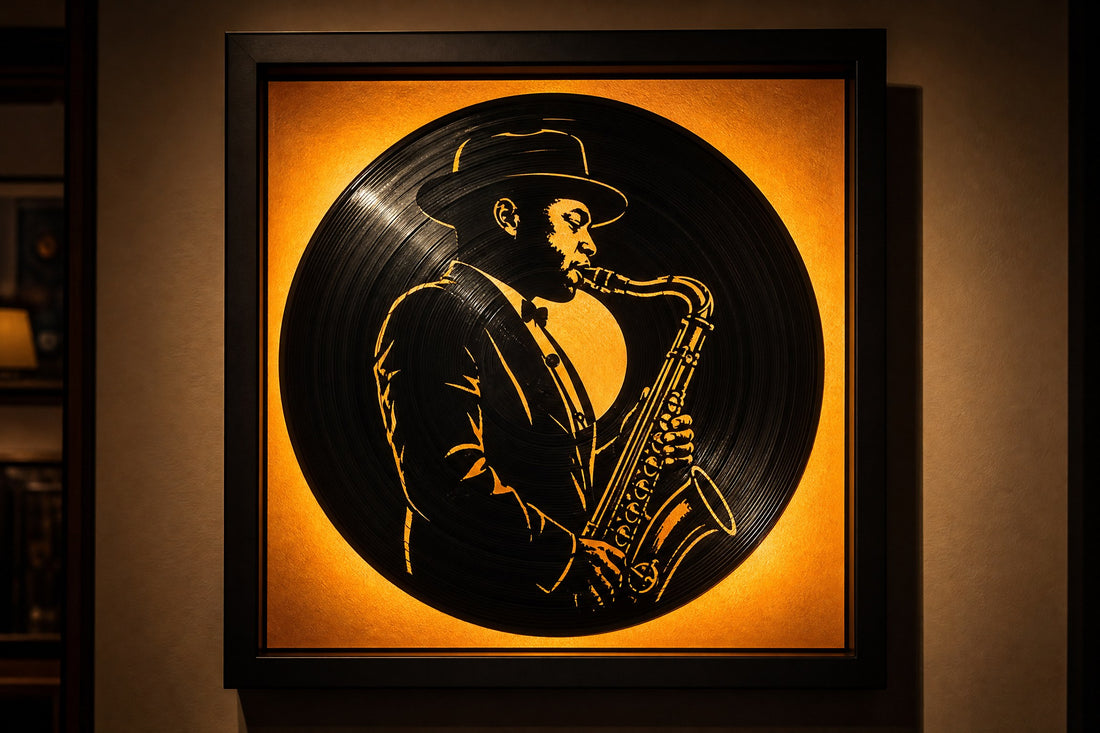 Carved vinyl record with backlit jazz musician silhouette