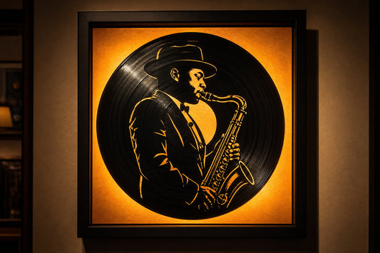 Carved vinyl record with backlit jazz musician silhouette