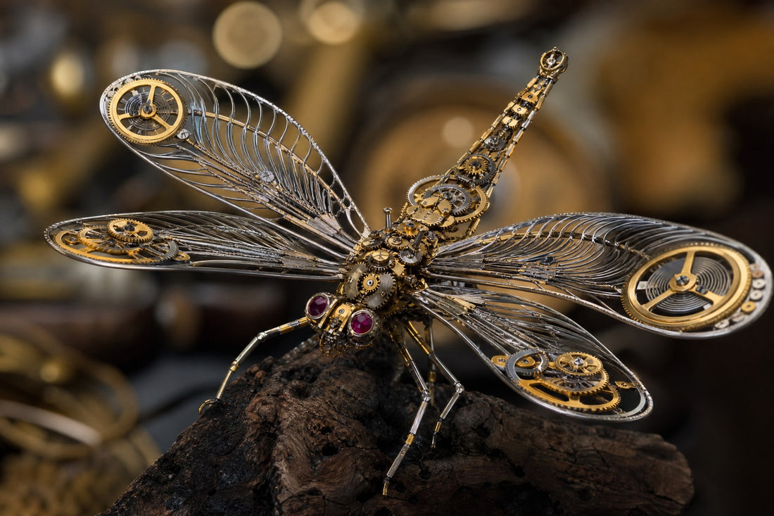 Steampunk dragonfly sculpture made from upcycled watch parts