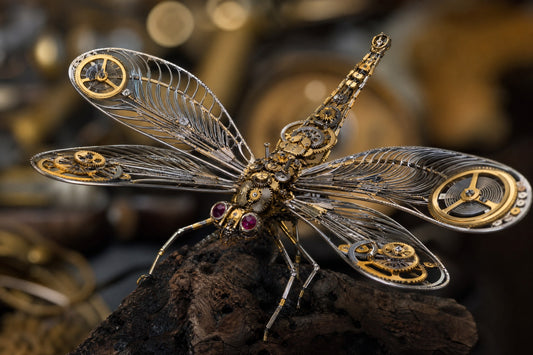 Steampunk dragonfly sculpture made from upcycled watch parts