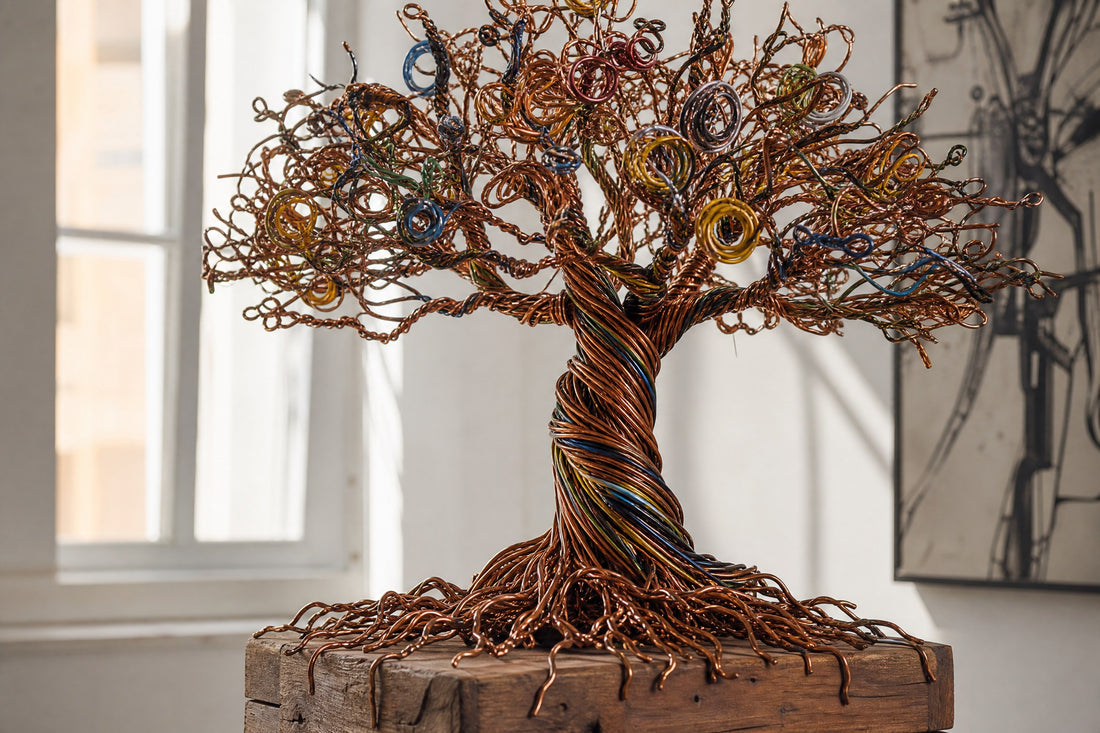 Tree sculpture made from upcycled wire and cable