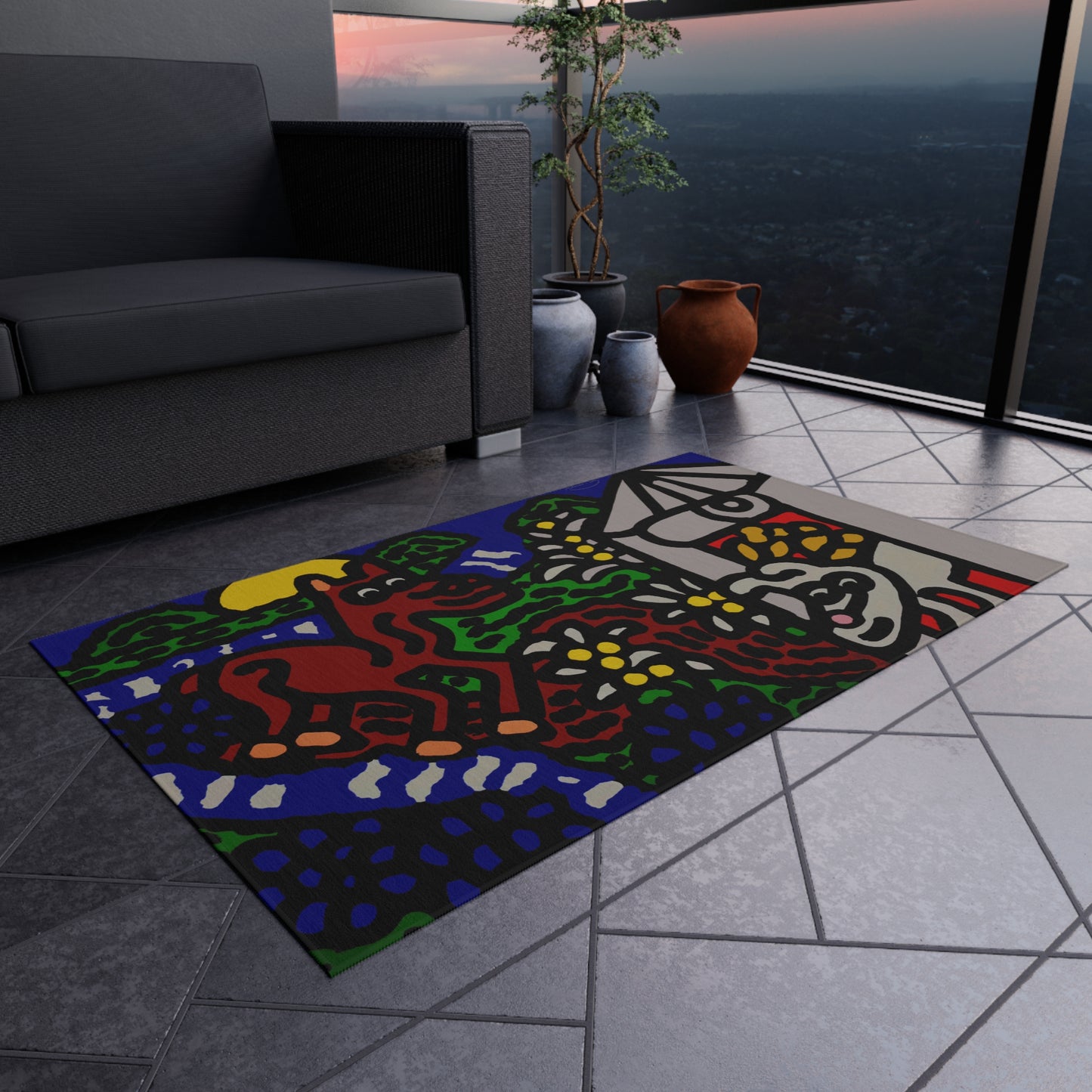 Bunny welcoming a friendly horse on his journey — Outdoor Rug