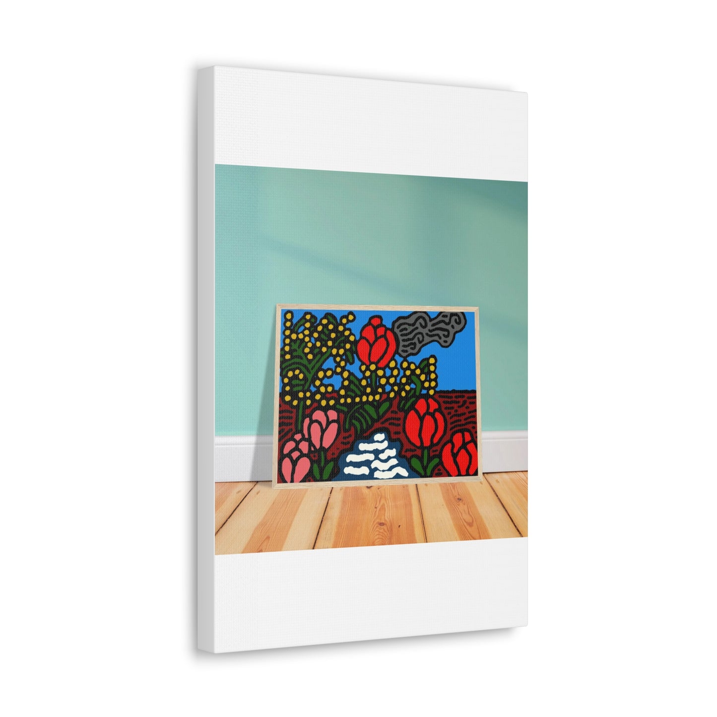 A field of tulips next to a wattle Canvas (Small)