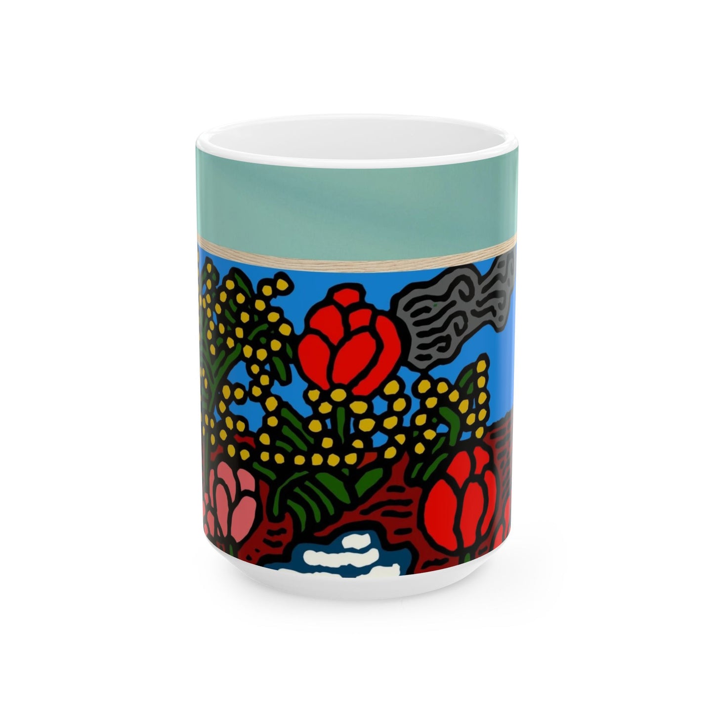 A field of tulips next to a wattle Ceramic Mug