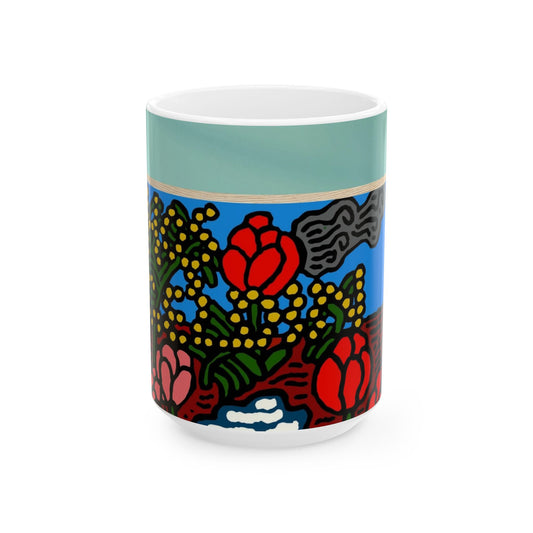 A field of tulips next to a wattle Ceramic Mug