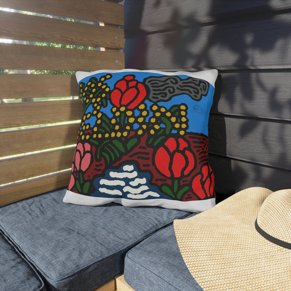A field of tulips next to a wattle — Outdoor Pillow