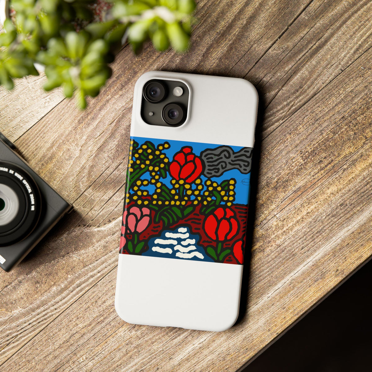 A field of tulips next to a wattle Slim Phone Case