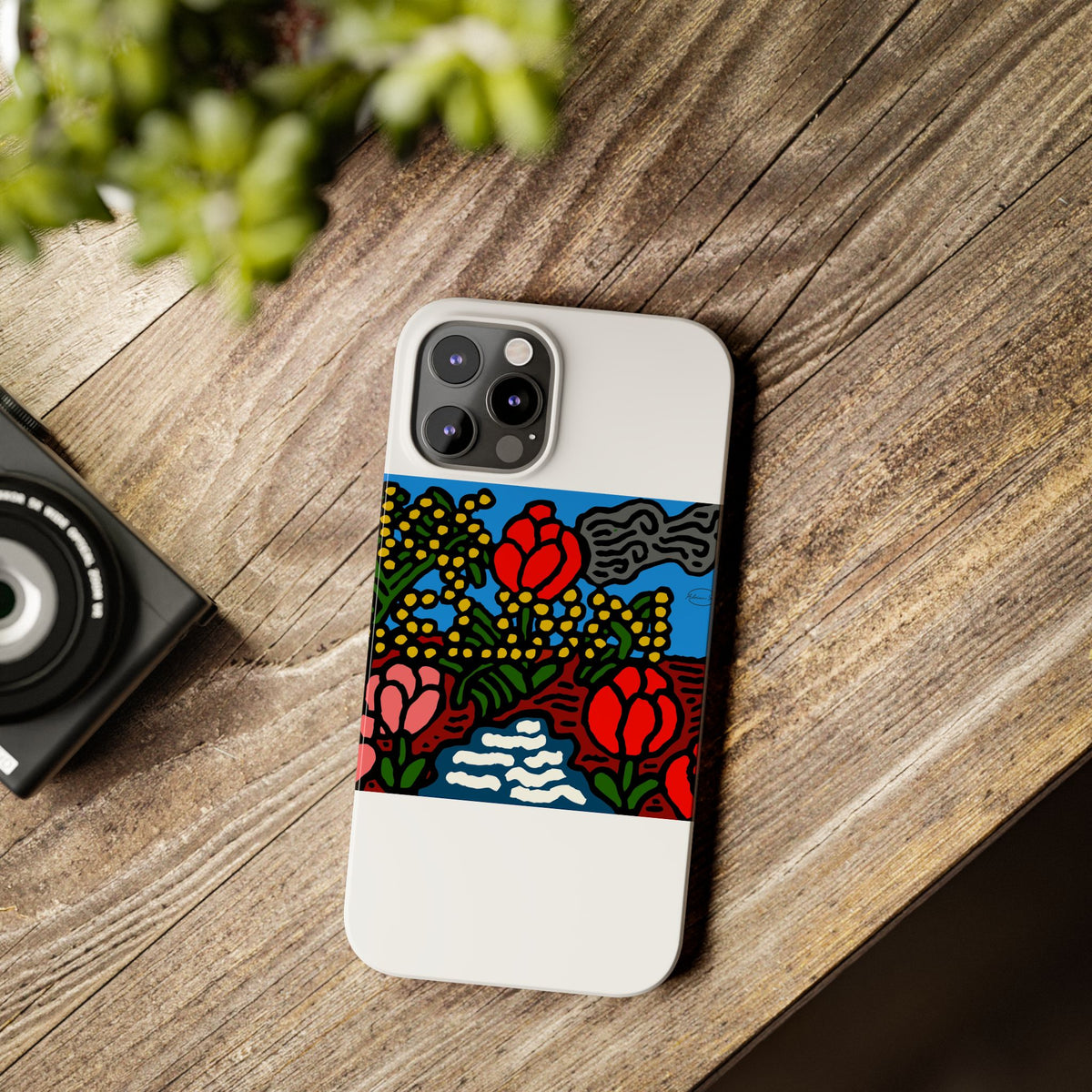 A field of tulips next to a wattle Slim Phone Case