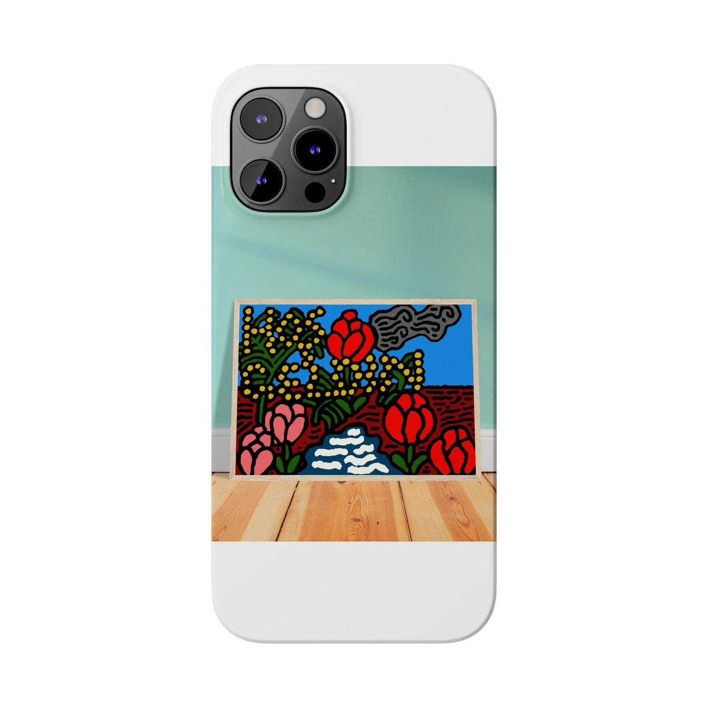 A field of tulips next to a wattle Slim Phone Case