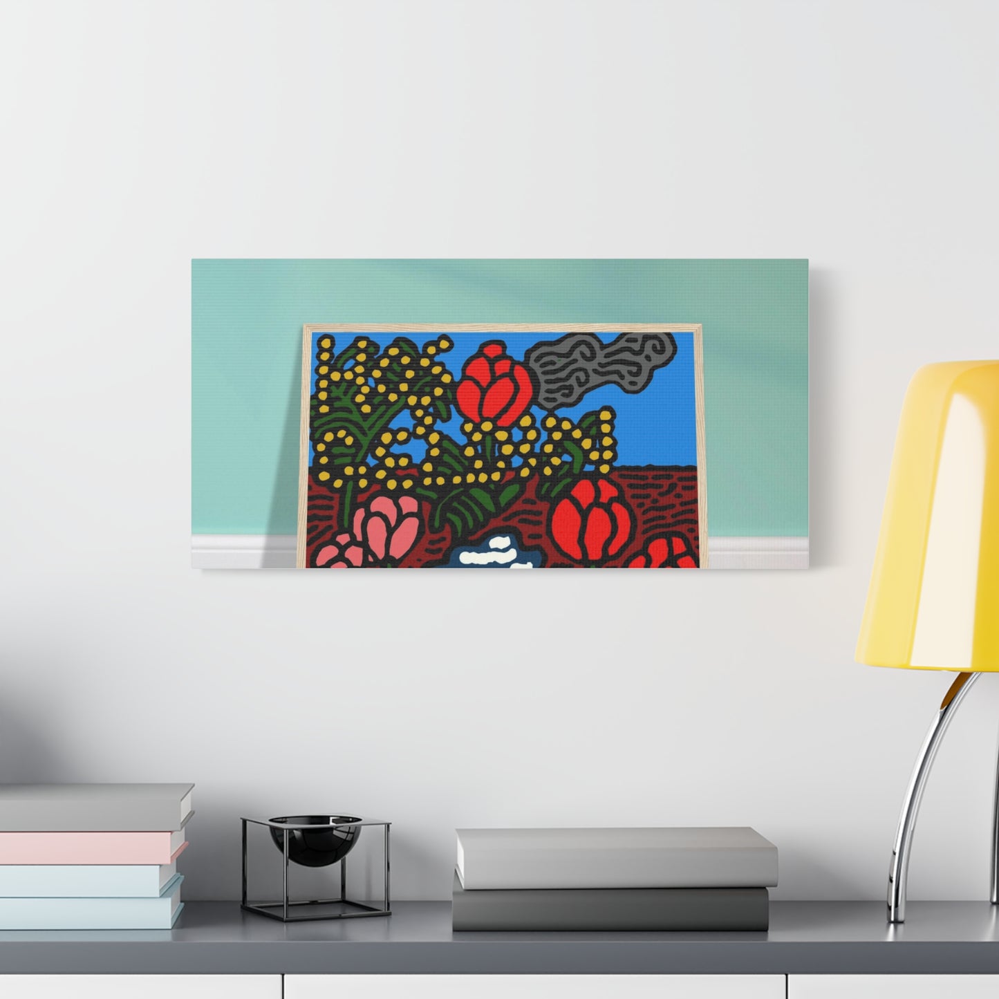 A field of tulips next to a wattle Canvas (Large)