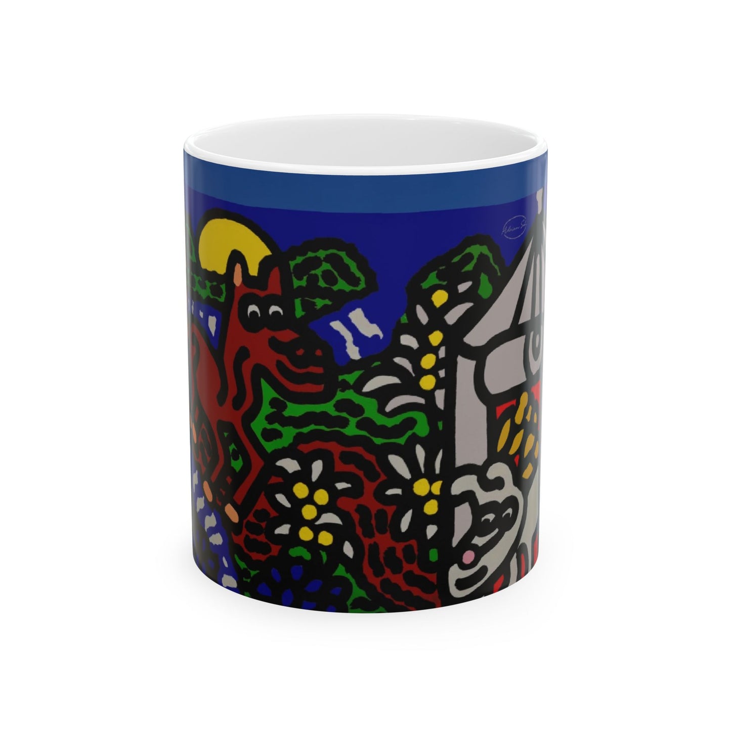 Bunny welcoming a friendly horse on his journey Ceramic Mug
