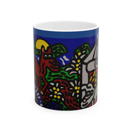 Bunny welcoming a friendly horse on his journey Ceramic Mug