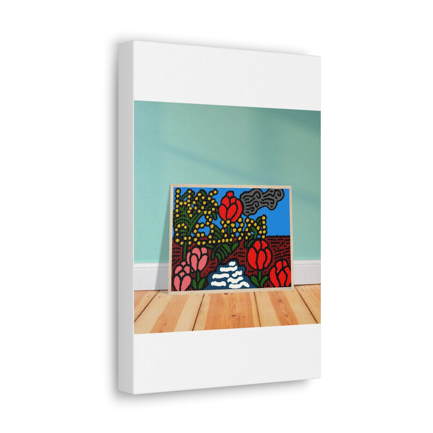 A field of tulips next to a wattle Canvas (Small)