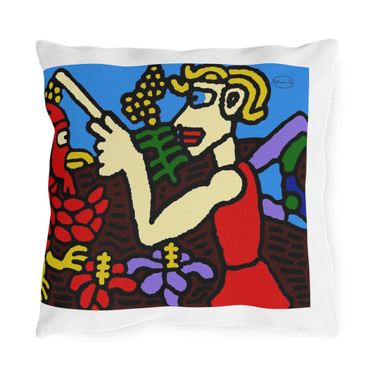 The hen gaining a blessing from a fairy — Outdoor Pillow