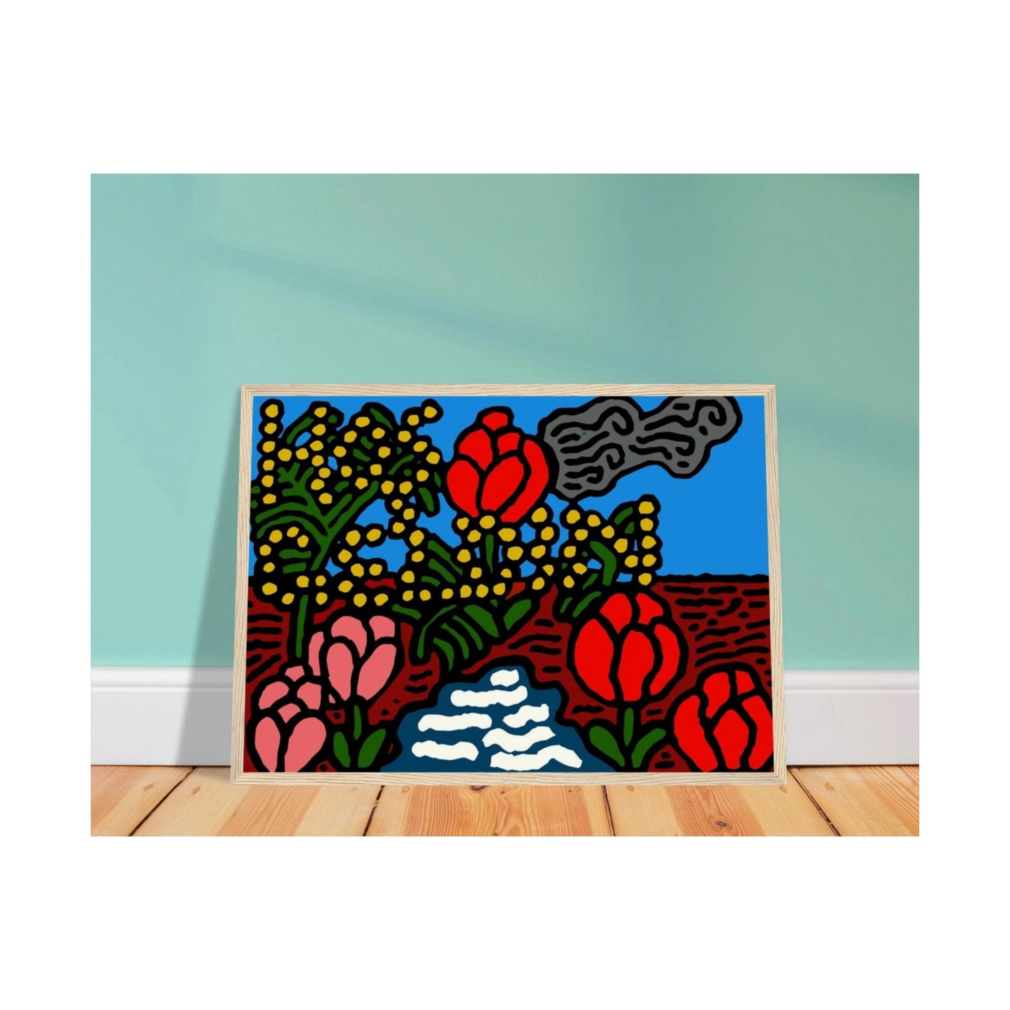 A field of tulips next to a wattle Matte Poster Horizontal (Small)