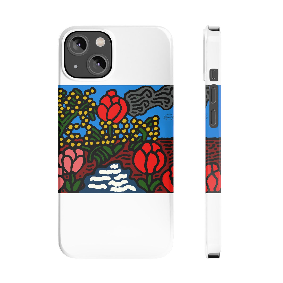 A field of tulips next to a wattle Slim Phone Case