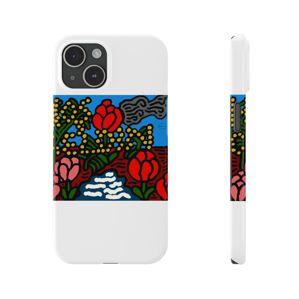 A field of tulips next to a wattle Slim Phone Case
