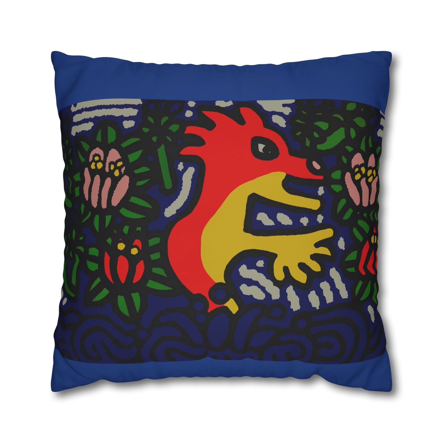 Colorful Folk Art Fox Throw Pillowcase — Square Poly Canvas Decorative Pillow Cover - Breaking through the surface of a lotus pond.