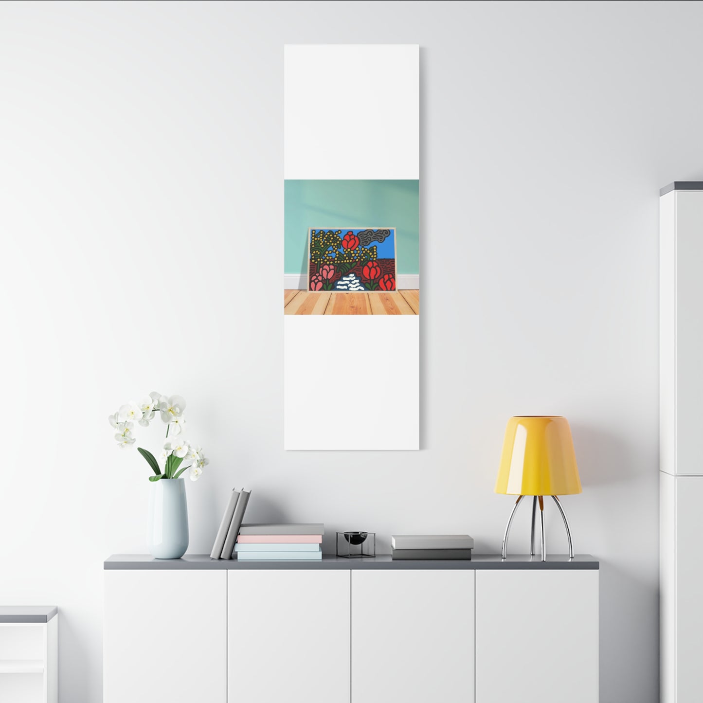 A field of tulips next to a wattle Canvas (Large)