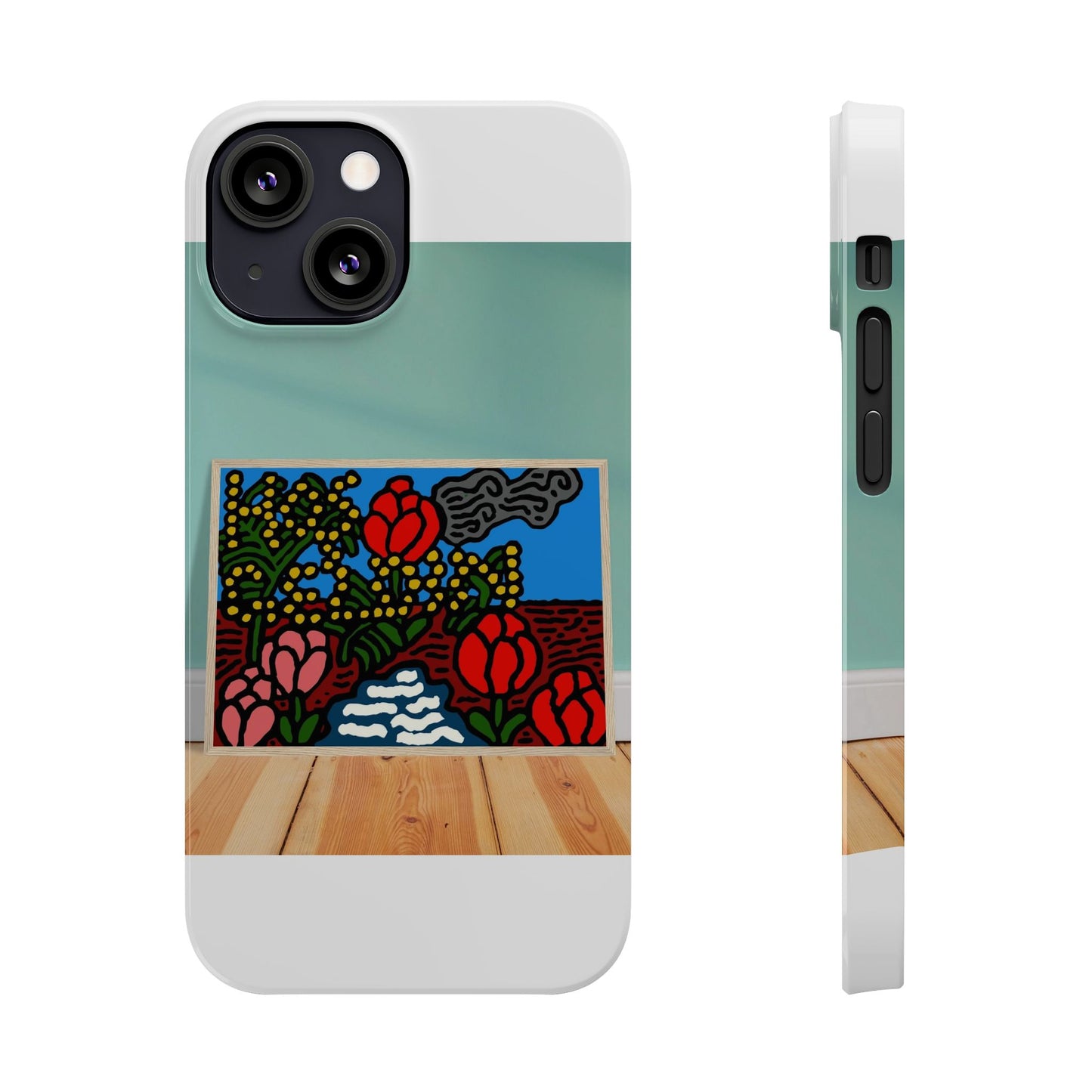 A field of tulips next to a wattle Slim Phone Case