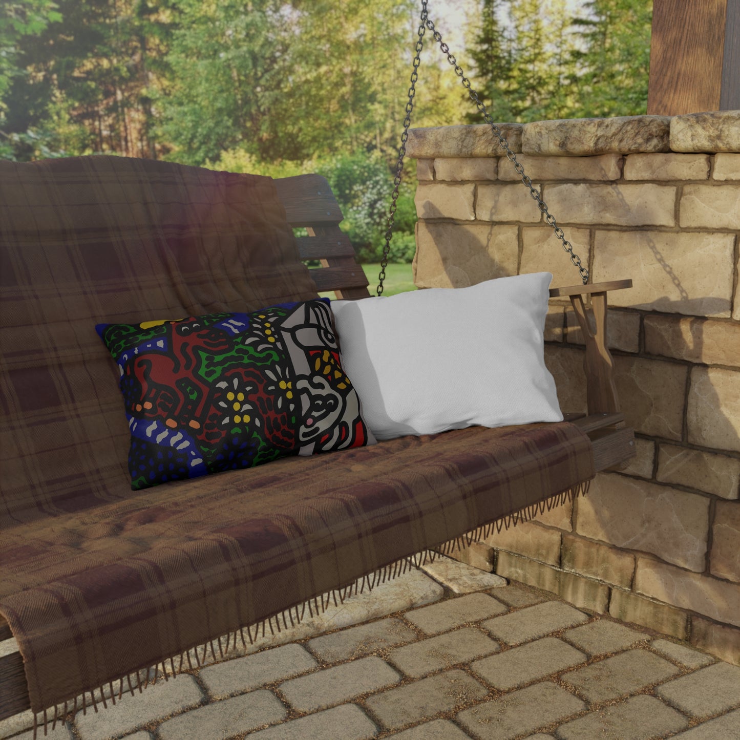 Bunny welcoming a friendly horse on his journey — Outdoor Pillow