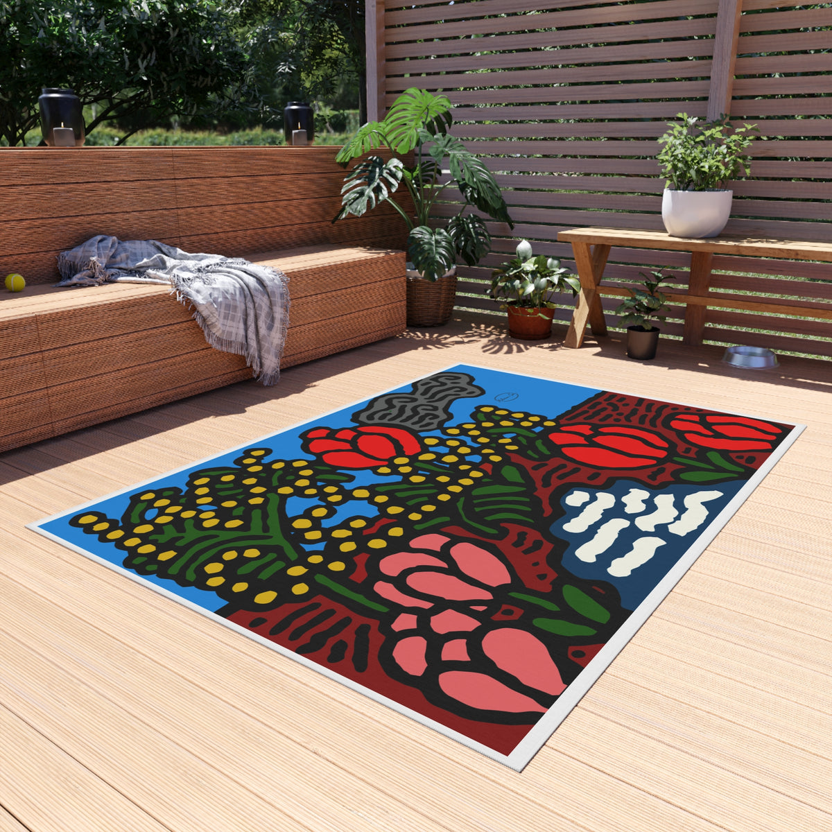 A field of tulips next to a wattle — Outdoor Rug