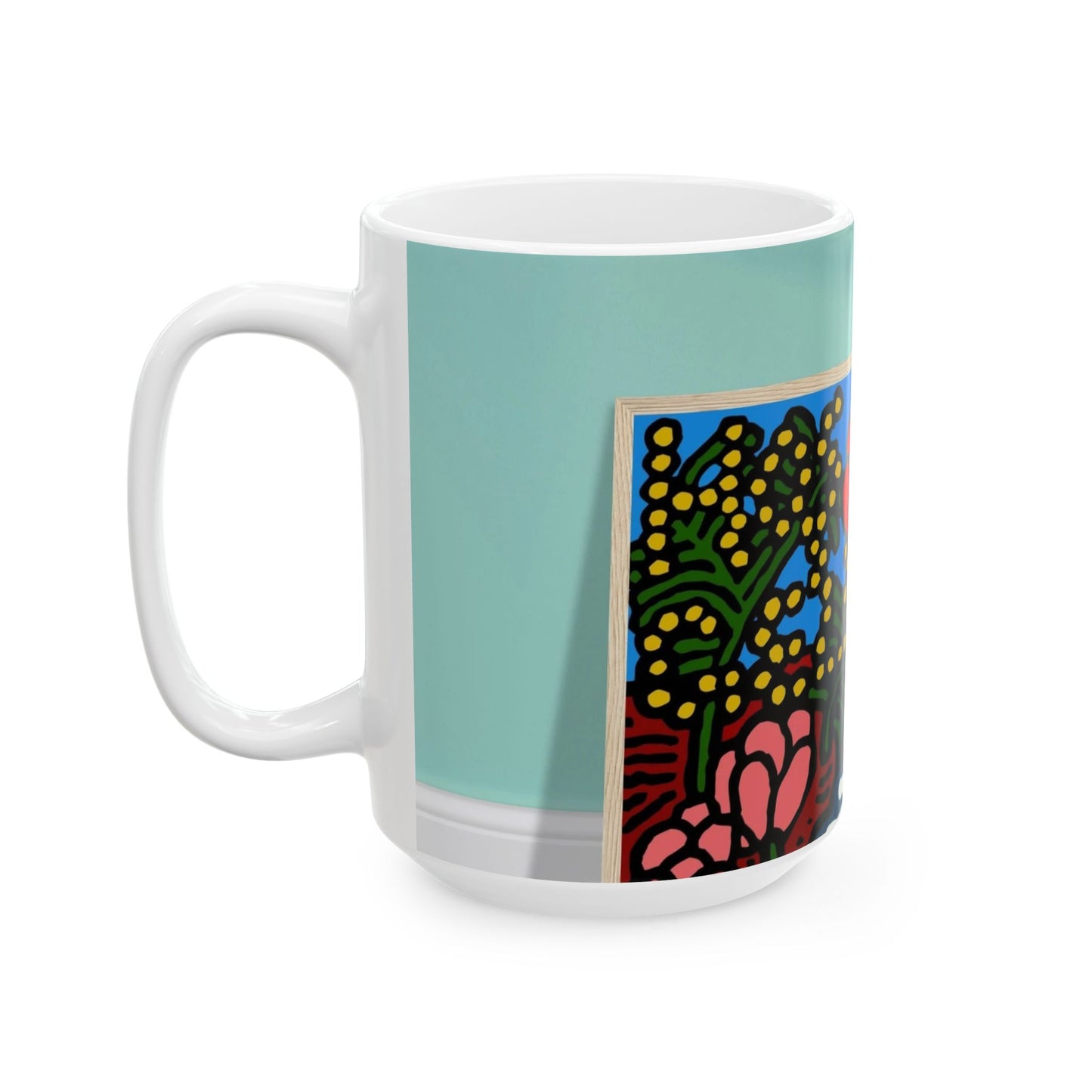 A field of tulips next to a wattle Ceramic Mug