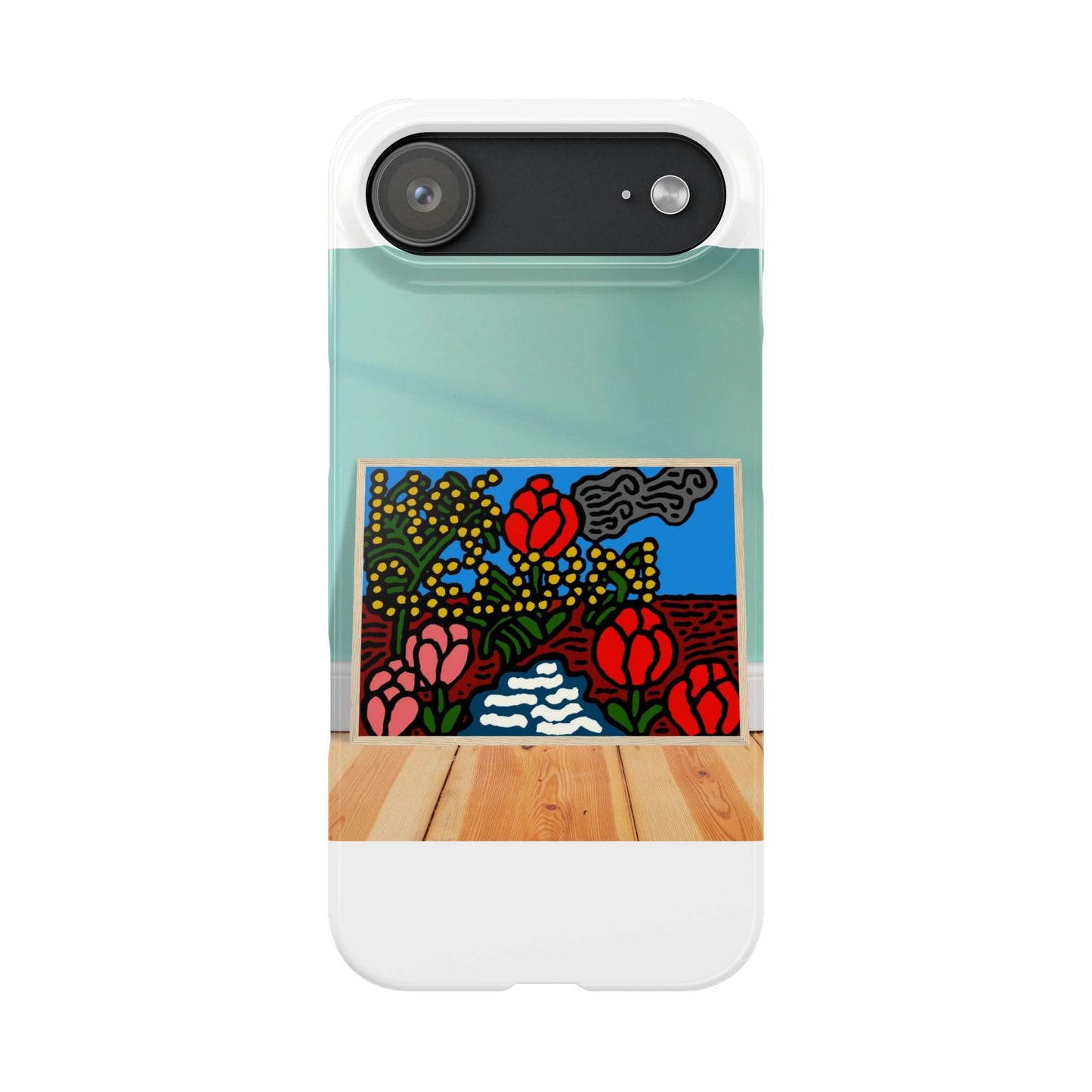 A field of tulips next to a wattle Slim Phone Case