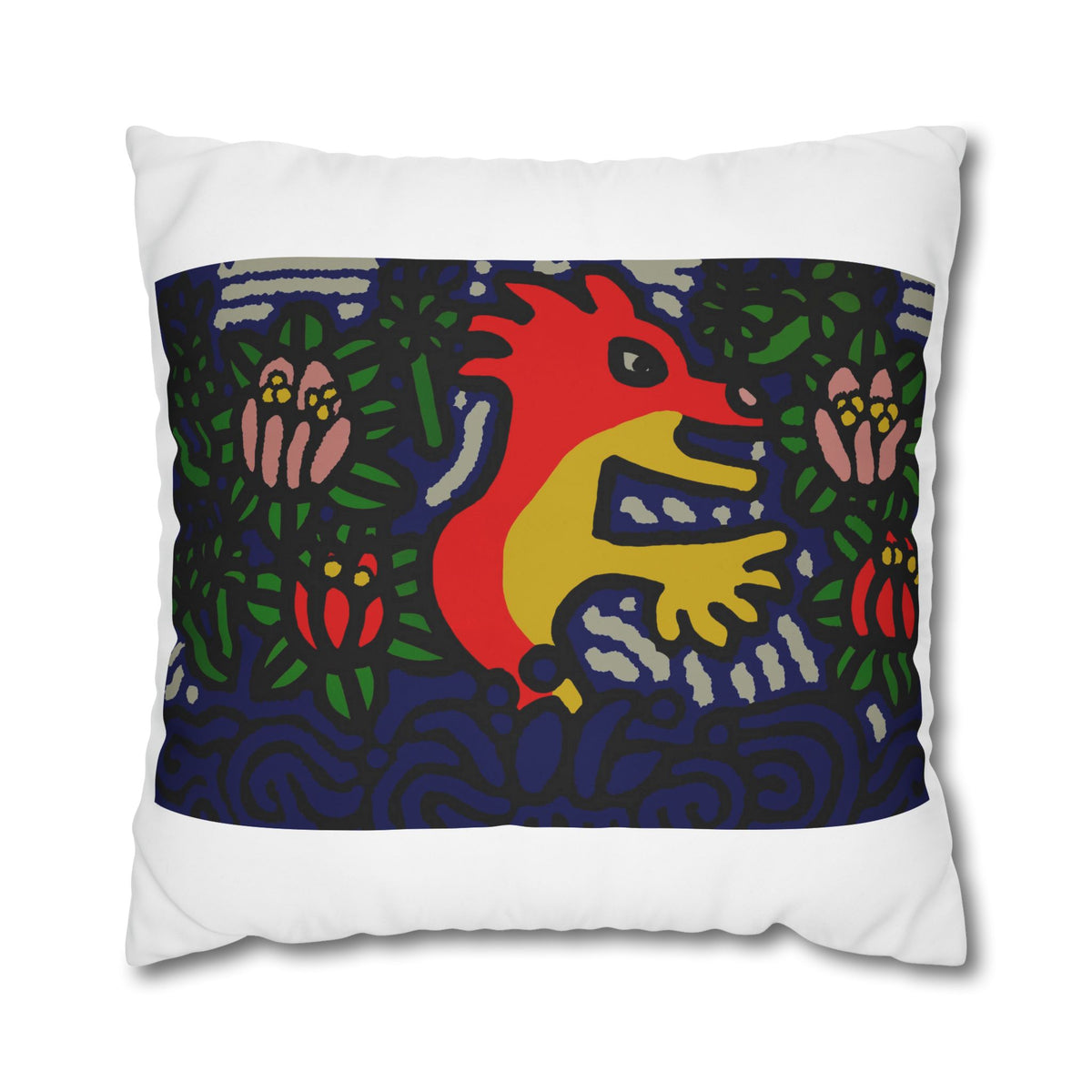 Colorful Folk Art Fox Throw Pillowcase — Square Poly Canvas Decorative Pillow Cover - Breaking through the surface of a lotus pond.