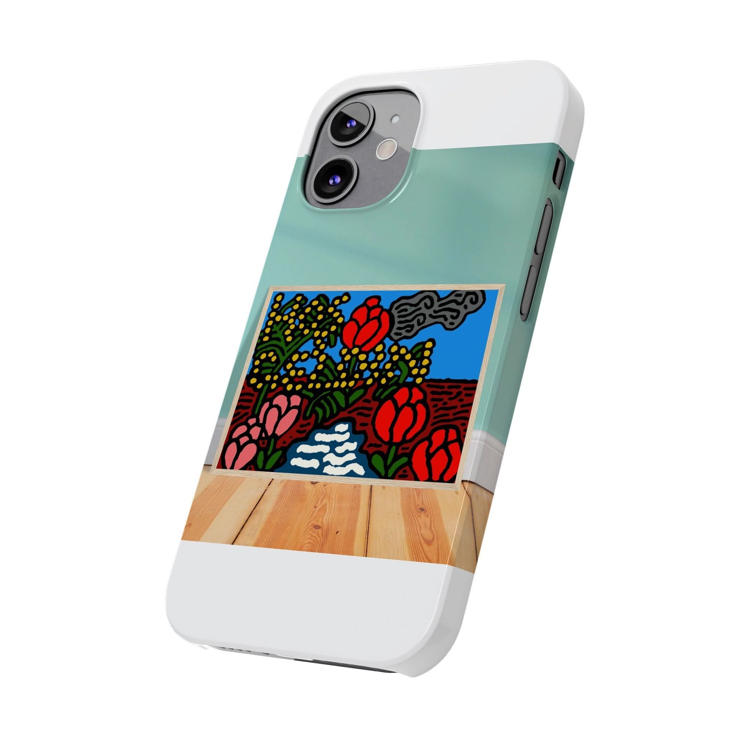 A field of tulips next to a wattle Slim Phone Case