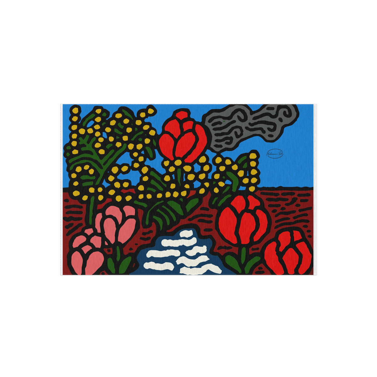 A field of tulips next to a wattle — Outdoor Rug