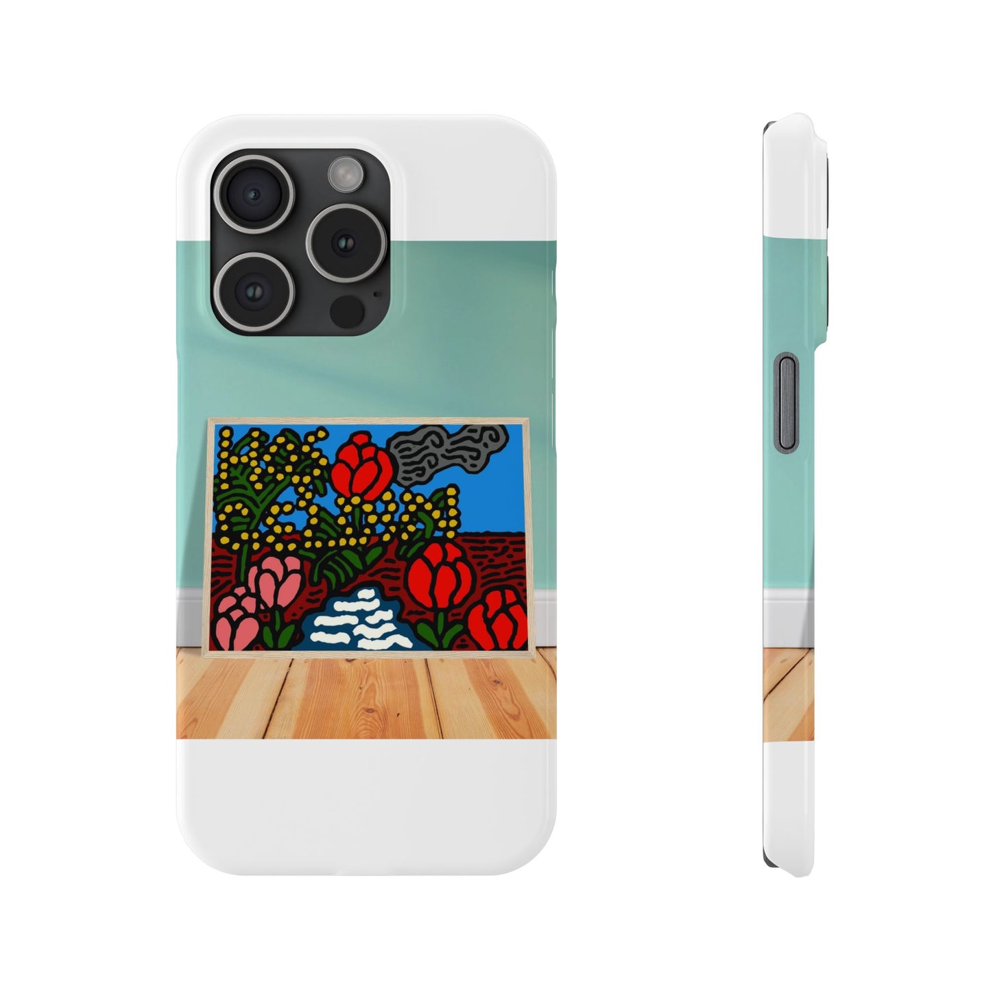 A field of tulips next to a wattle Slim Phone Case