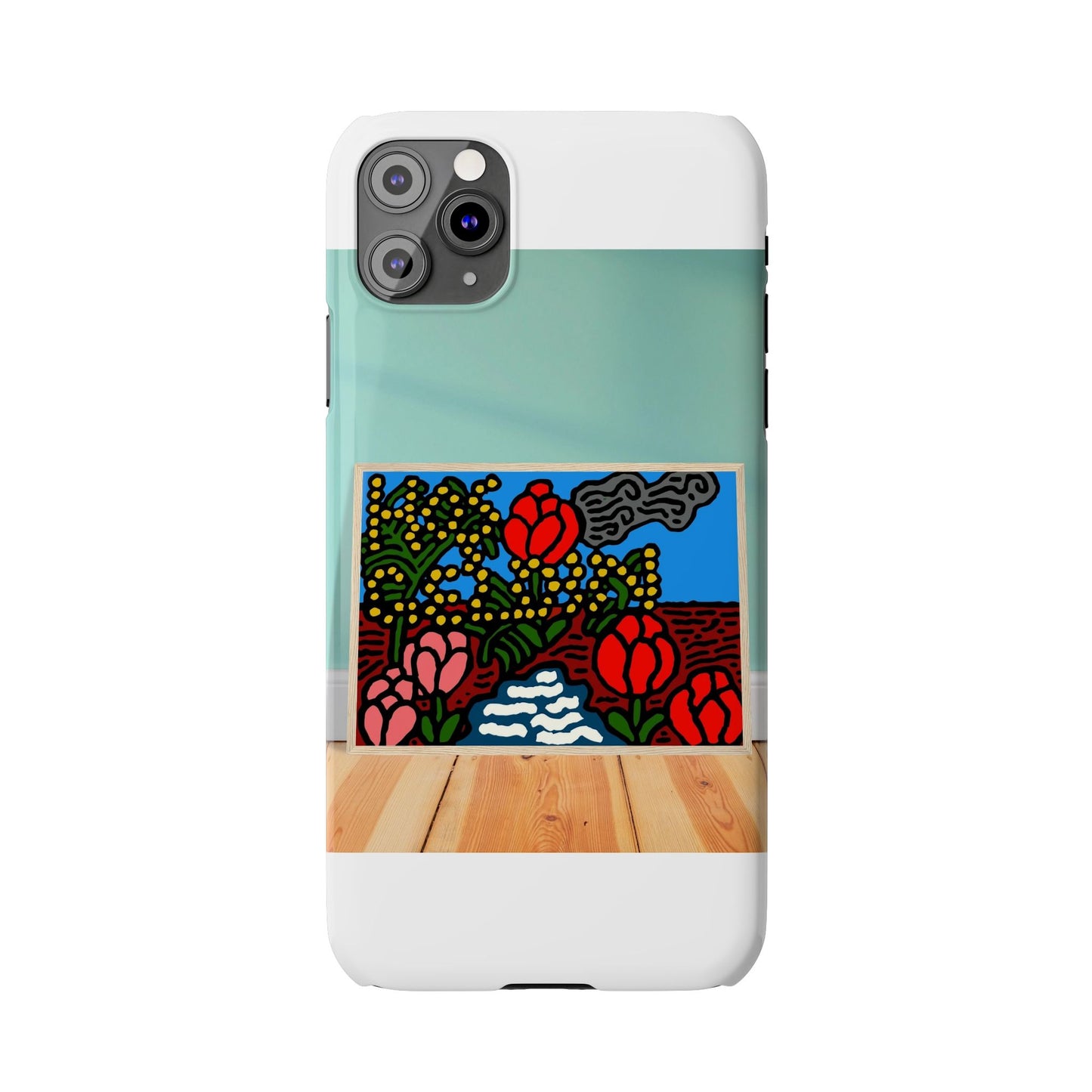 A field of tulips next to a wattle Slim Phone Case