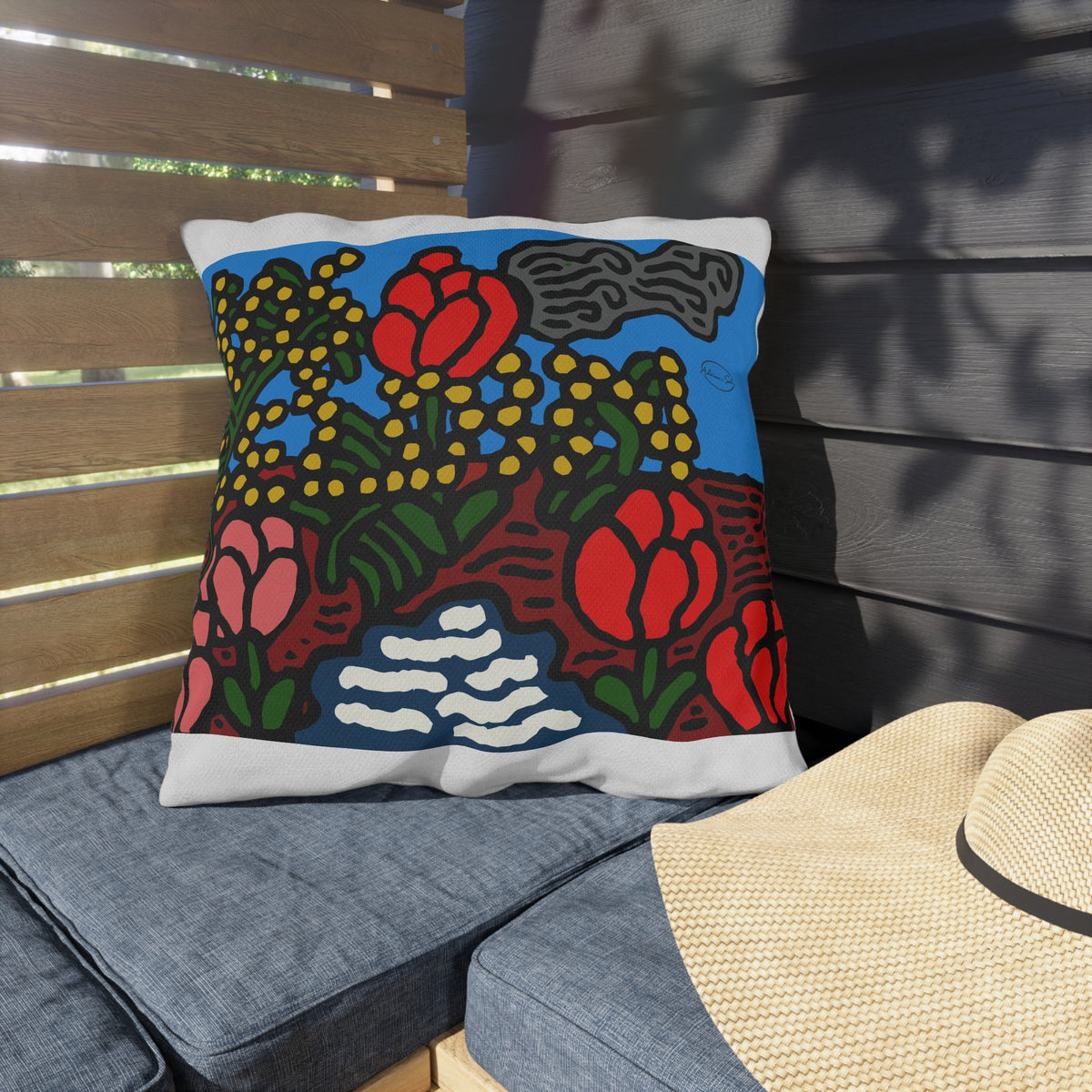 A field of tulips next to a wattle — Outdoor Pillow