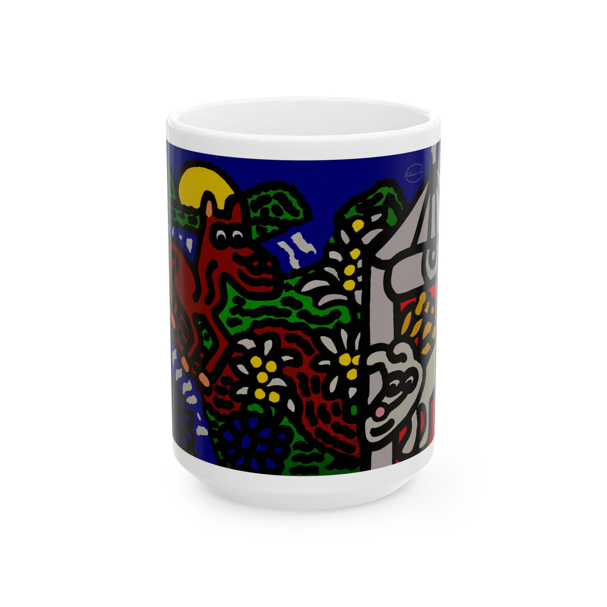 Bunny welcoming a friendly horse on his journey Ceramic Mug