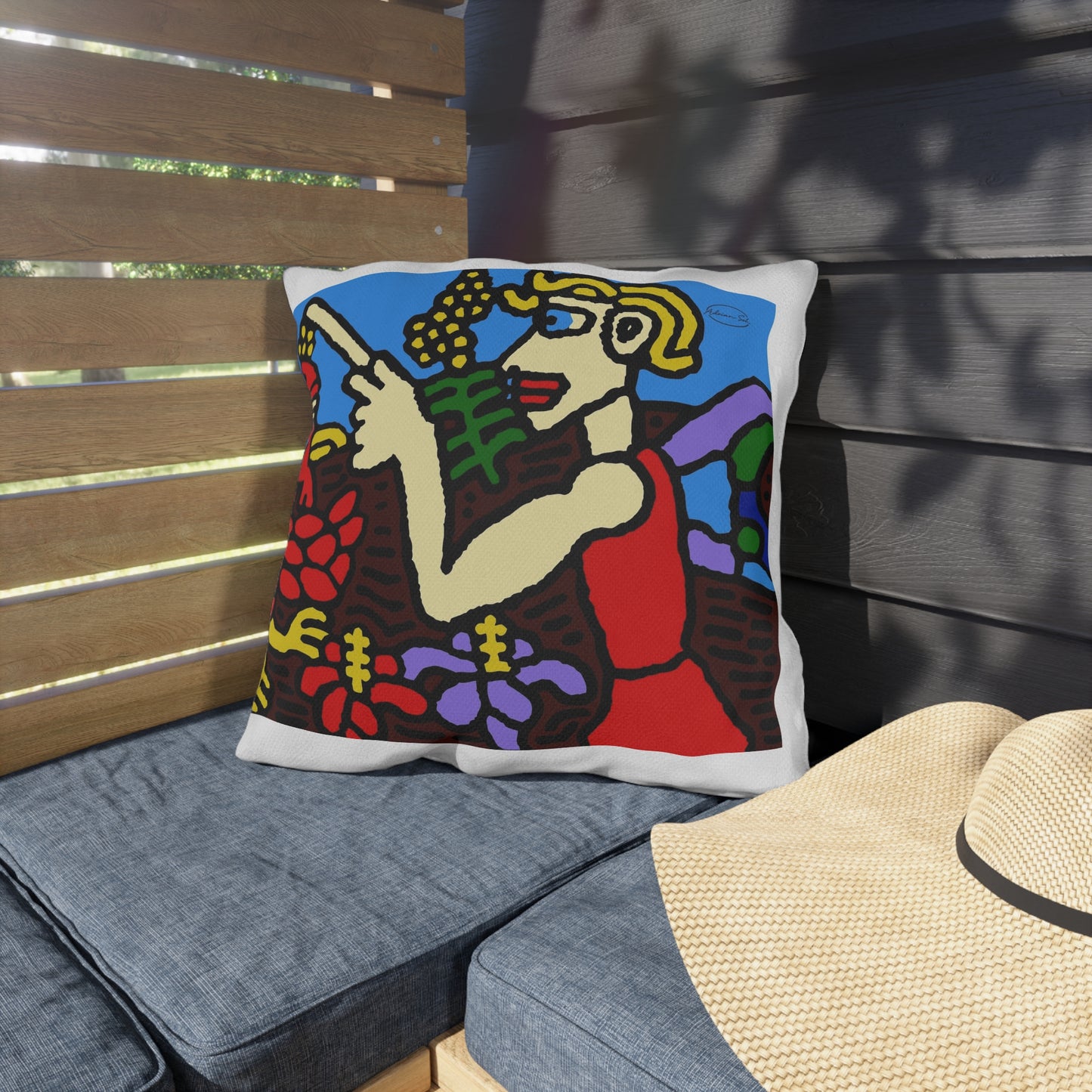 The hen gaining a blessing from a fairy — Outdoor Pillow